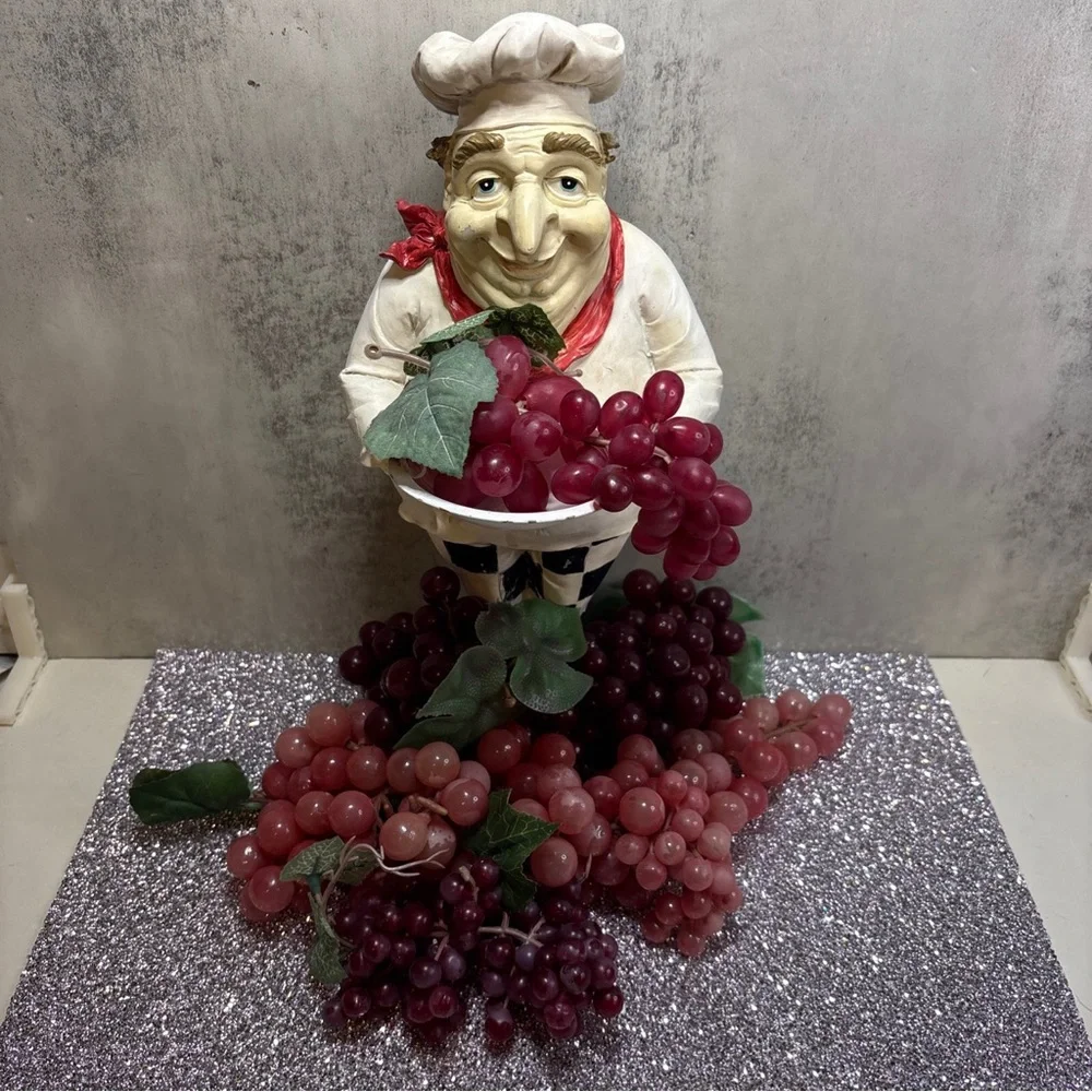 Unk Ceramic Chef Figurine with Red and Pink Grapes